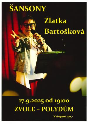 17.9. Zlatka Bartošková - je jednou z nejosobitějších interpretek současného šansonu. Je charakteristická svým nezaměnitelným projevem, výrazným hlasem a výjimečnou energií. Všechny její písně jsou z vlastní dílny textařů a skladatelů, kteří pro ni píší.